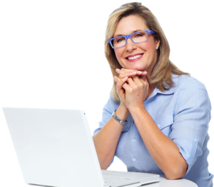 Photo of confident, smiling woman with her laptop